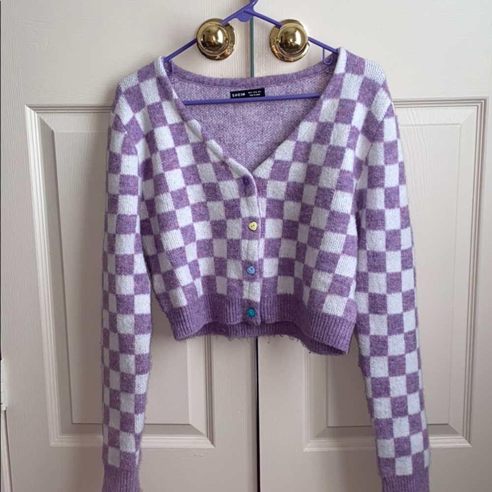 Button Front Gingham Cropped Cardigan